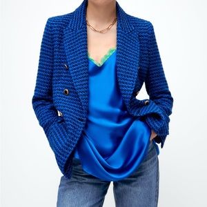Zara TEXTURED WEAVE BLAZER BLUE BLACK XS
